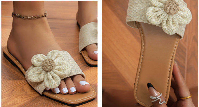 Women's Fashion Beige Flower Flat Slippers