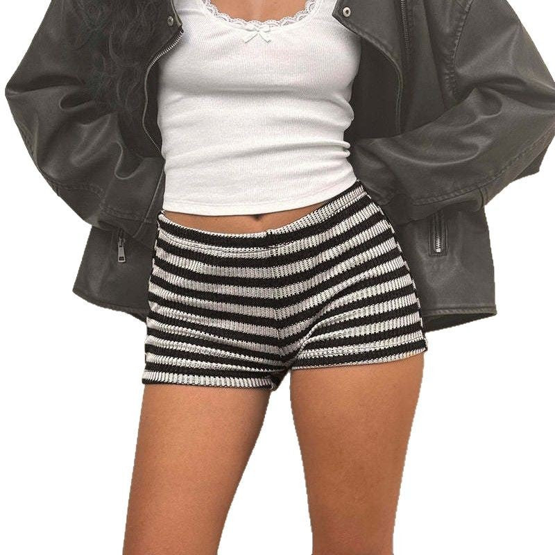 Knitted Black And White Striped Shorts For Women