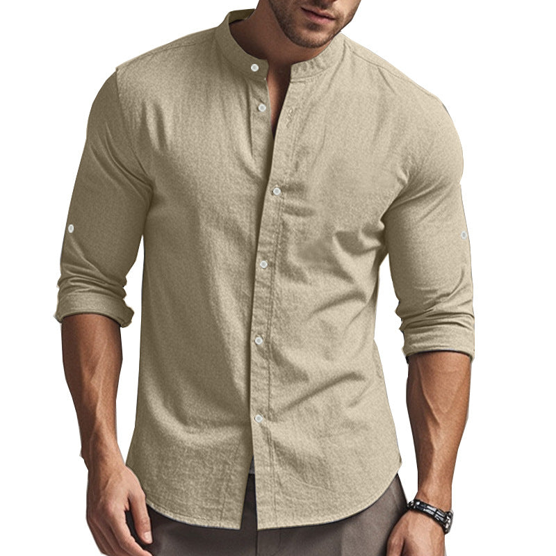 Men's Long Sleeve Standing Collar Slim Fit Casual Cotton Shirt