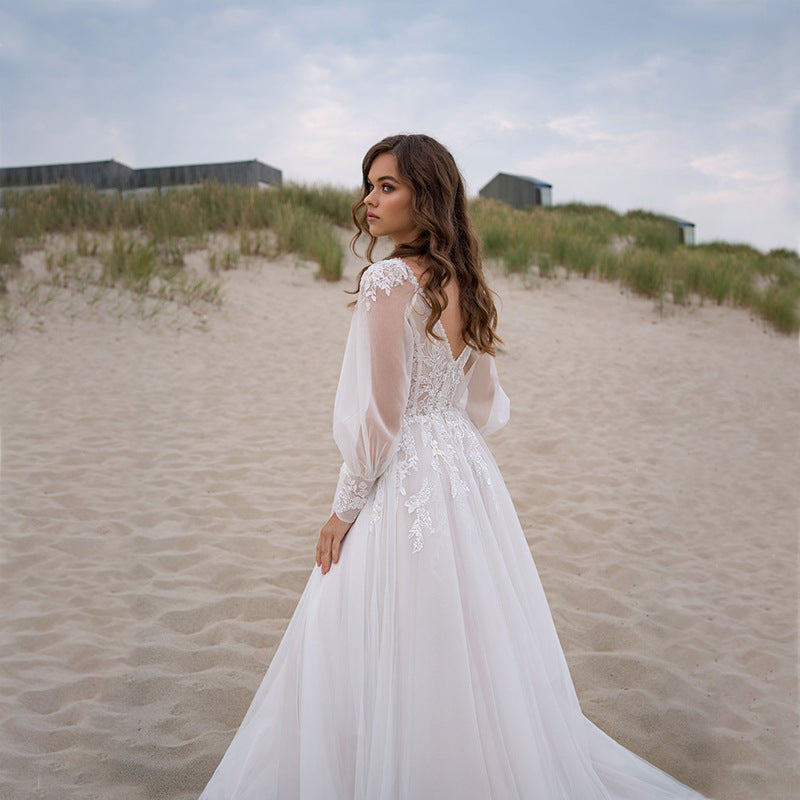 Mesh Deep V-neck High Slit Applique Dress