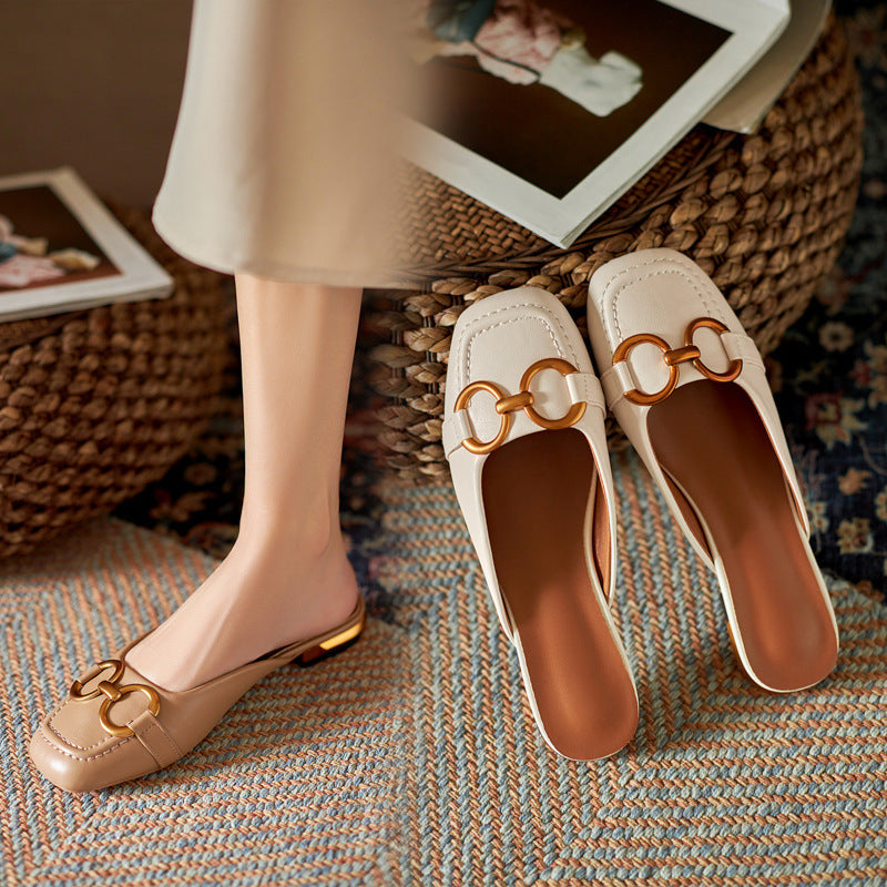 Summer Wear Fashionable Square Toe Korean Style Elegant Flat Heel Ins Slip-on Slippers