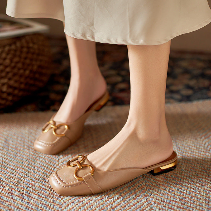 Summer Wear Fashionable Square Toe Korean Style Elegant Flat Heel Ins Slip-on Slippers