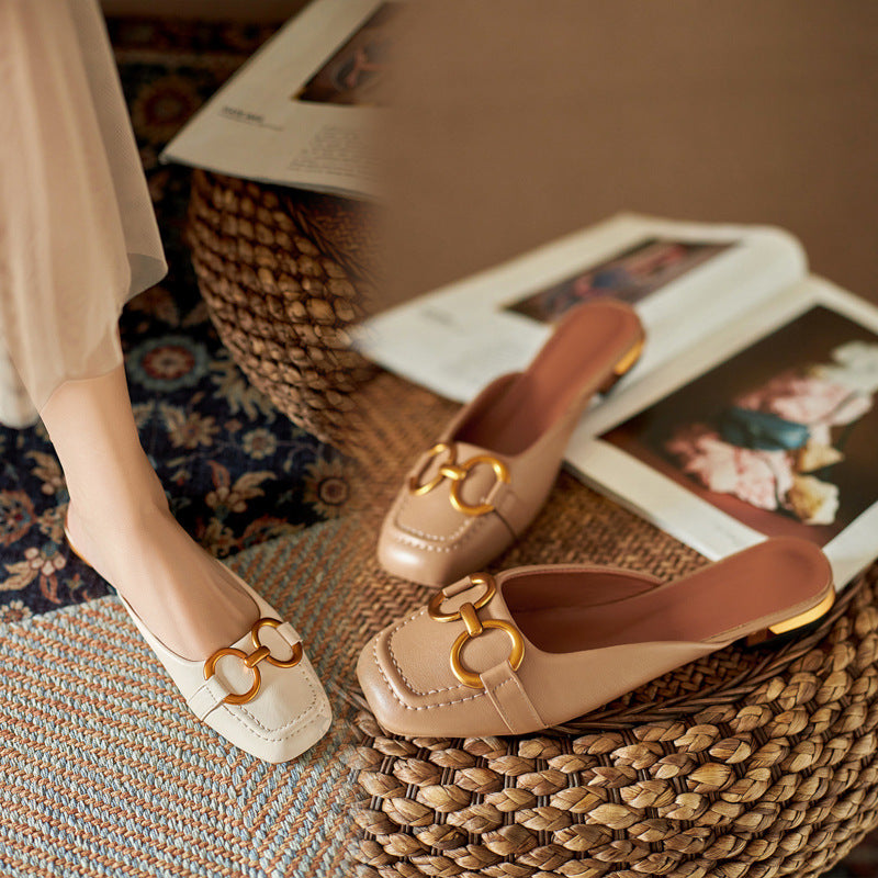 Summer Wear Fashionable Square Toe Korean Style Elegant Flat Heel Ins Slip-on Slippers