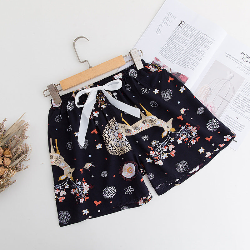 Shorts Thin Japanese Floral Draping Elastic Waist Pajama Pants