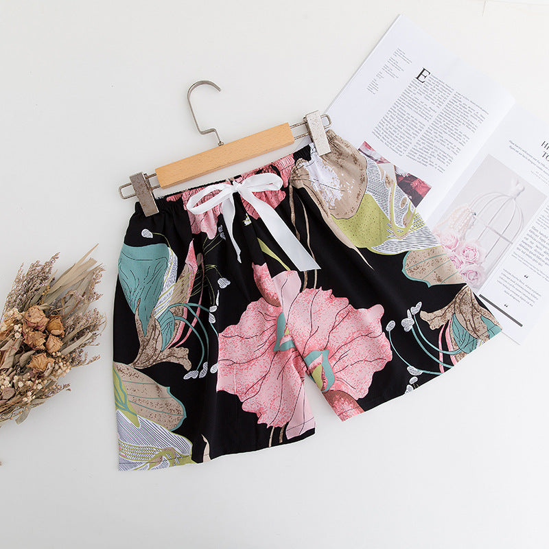 Shorts Thin Japanese Floral Draping Elastic Waist Pajama Pants