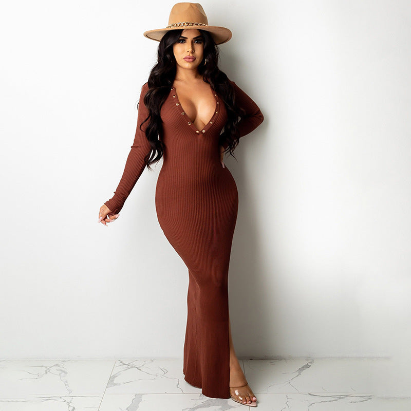 Lapel Backless Long Sleeves Slit Midi Skirt