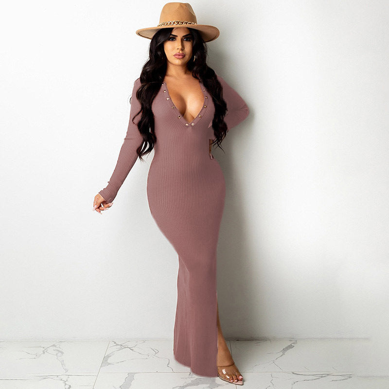 Lapel Backless Long Sleeves Slit Midi Skirt