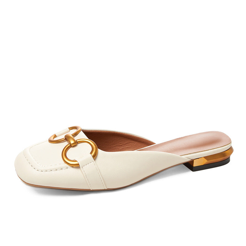 Summer Wear Fashionable Square Toe Korean Style Elegant Flat Heel Ins Slip-on Slippers