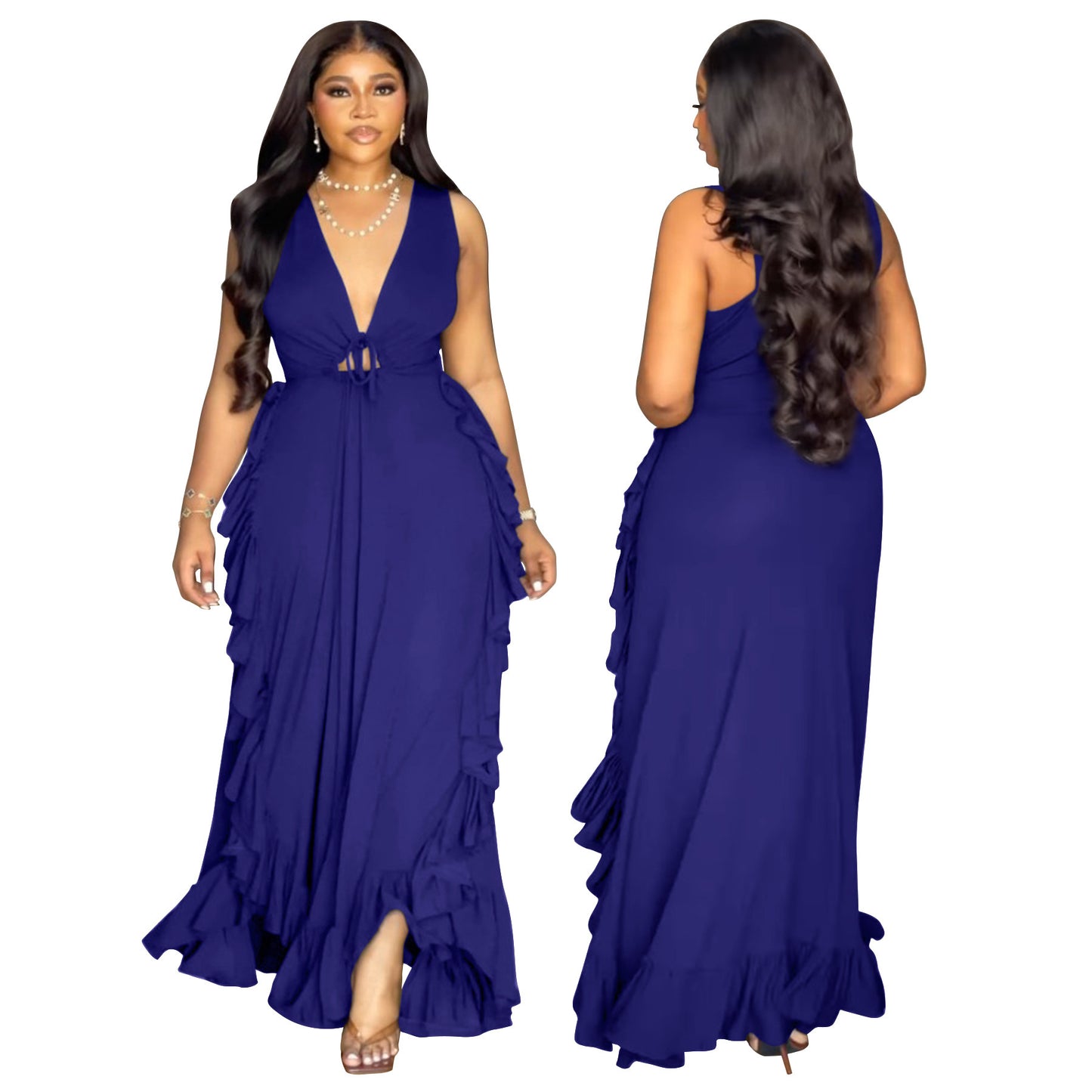Ruffled High Waist Crop-top Spaghetti-strap Plus Size Dress