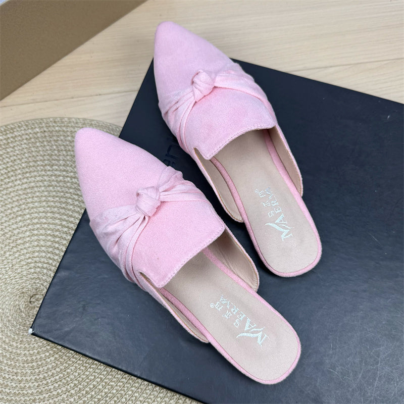 Bow Toe Korean Style Simple Pointed Flat Lazy Half Slippers