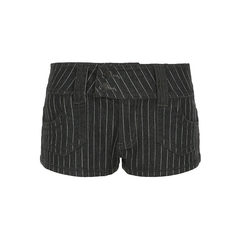 American Street Style Striped Contrast Color Denim Shorts Low Waist Double Breasted
