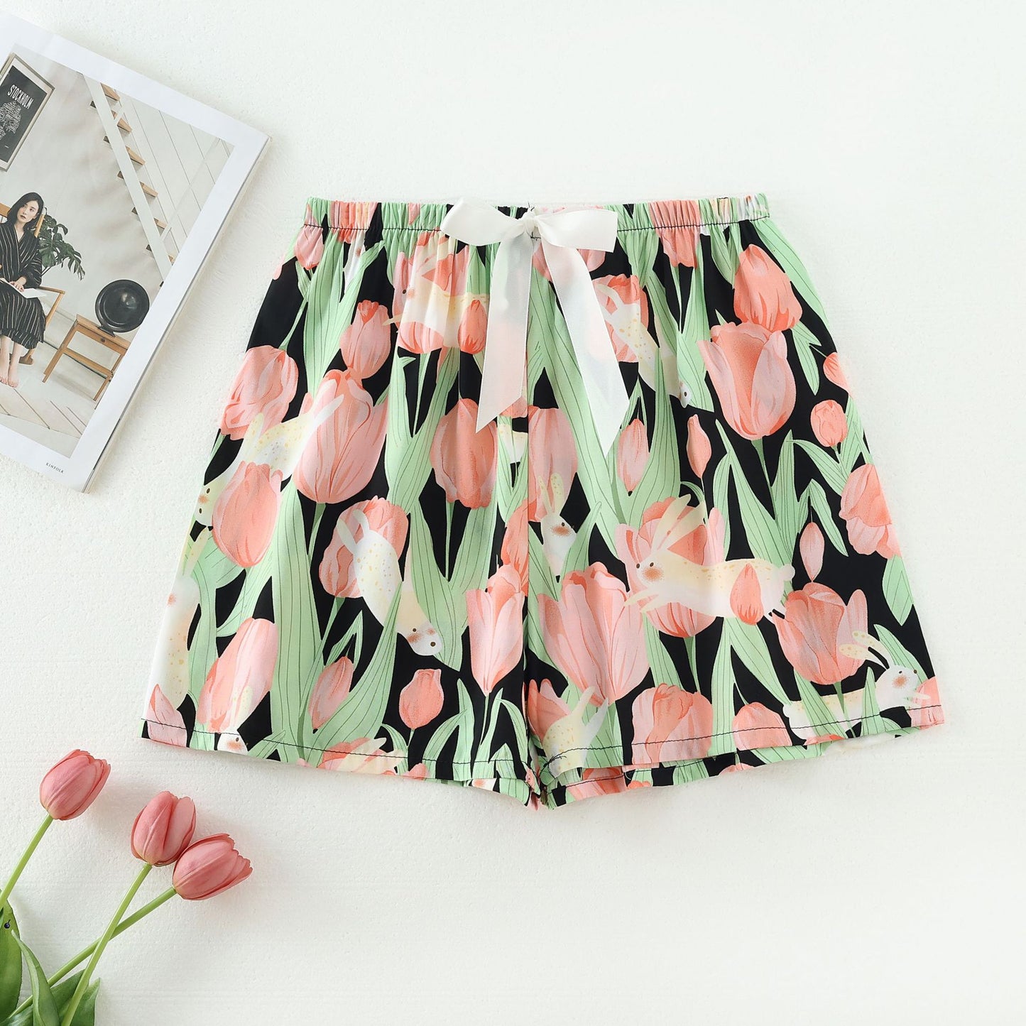 Shorts Thin Japanese Floral Draping Elastic Waist Pajama Pants