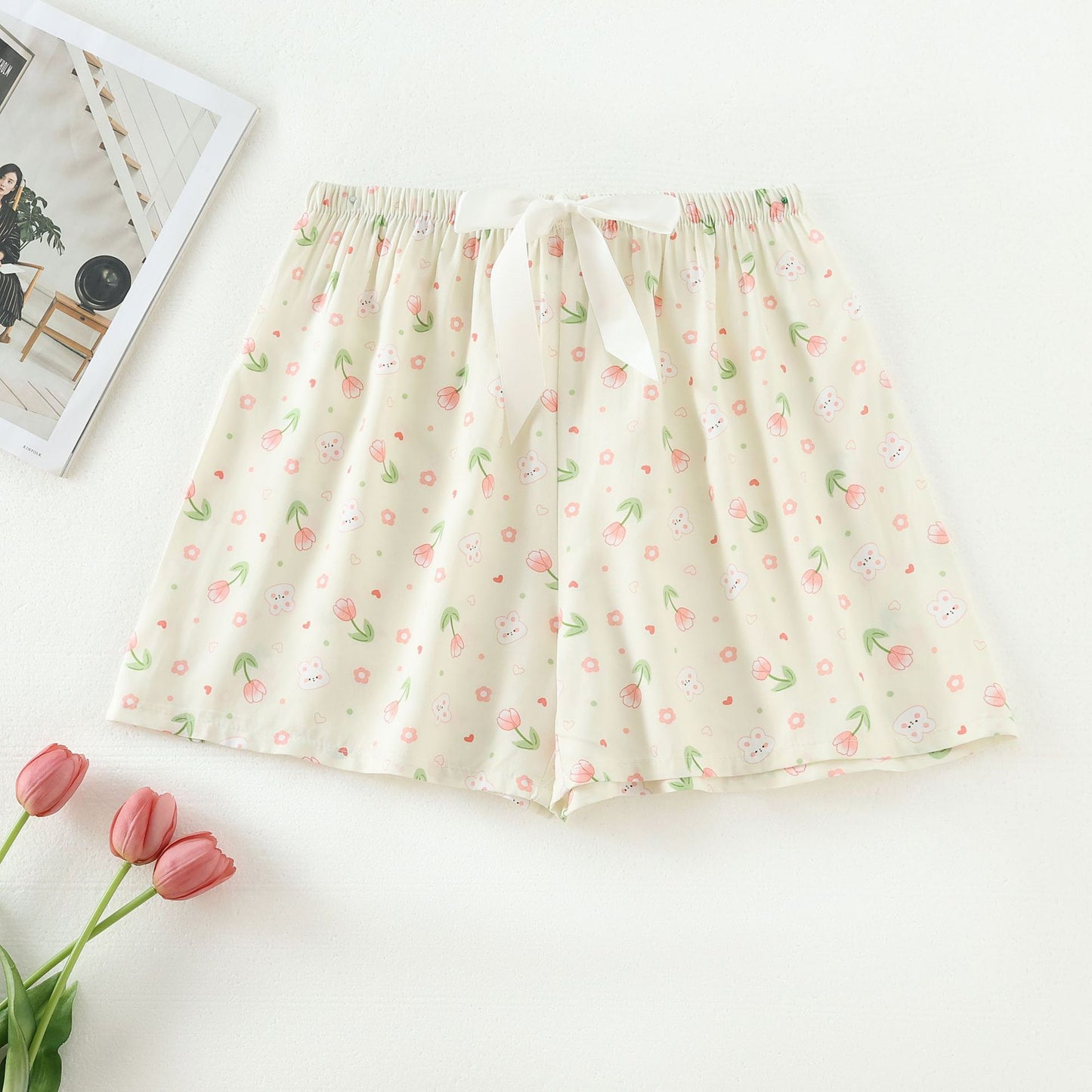 Shorts Thin Japanese Floral Draping Elastic Waist Pajama Pants