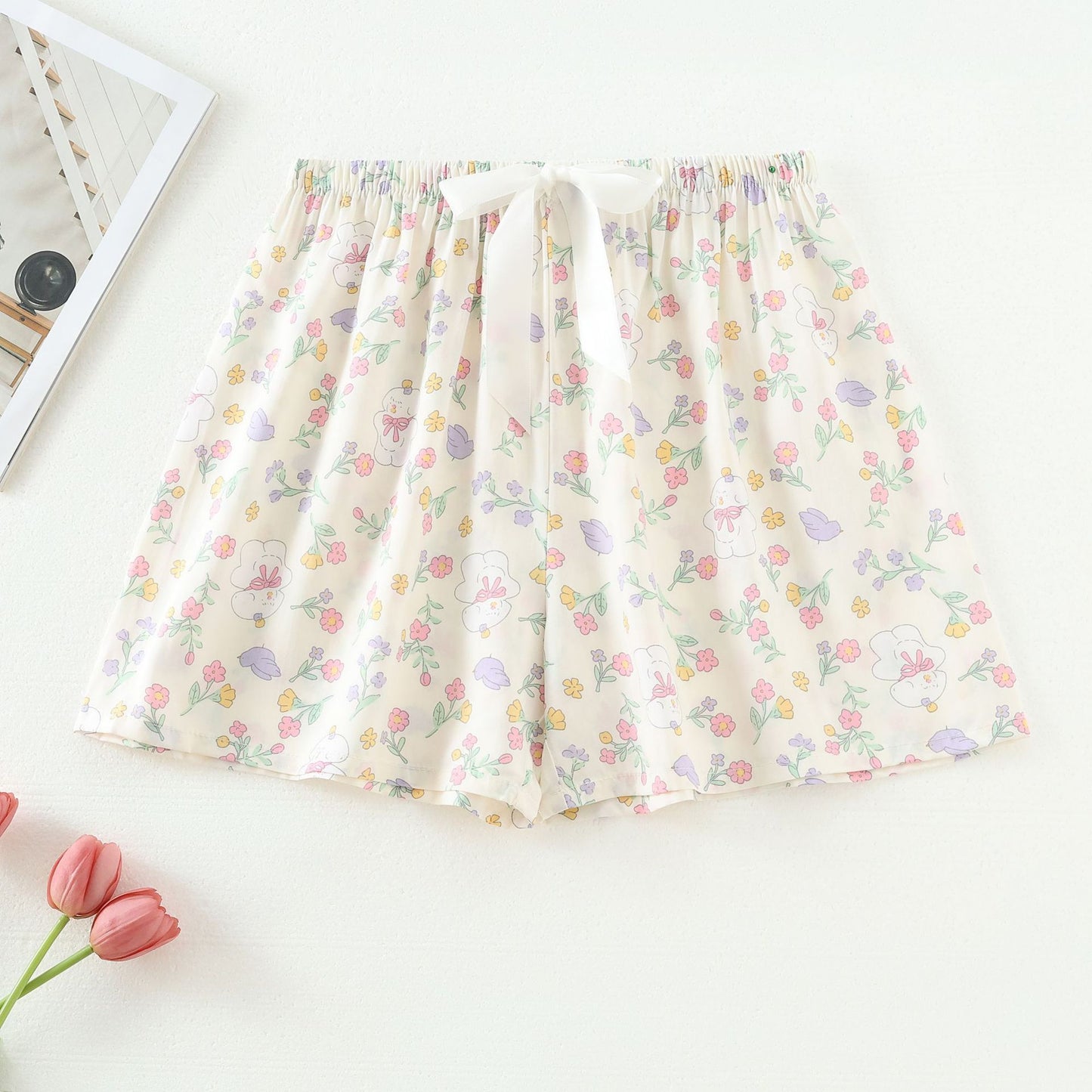Shorts Thin Japanese Floral Draping Elastic Waist Pajama Pants