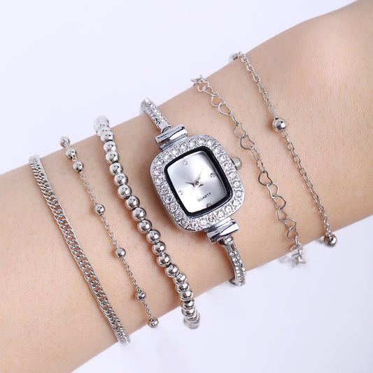 Decorative Alloy All-match Square Rhinestone-encrusted Chain Women's Quartz Bracelet Watch Small Beads Jewelry Suit