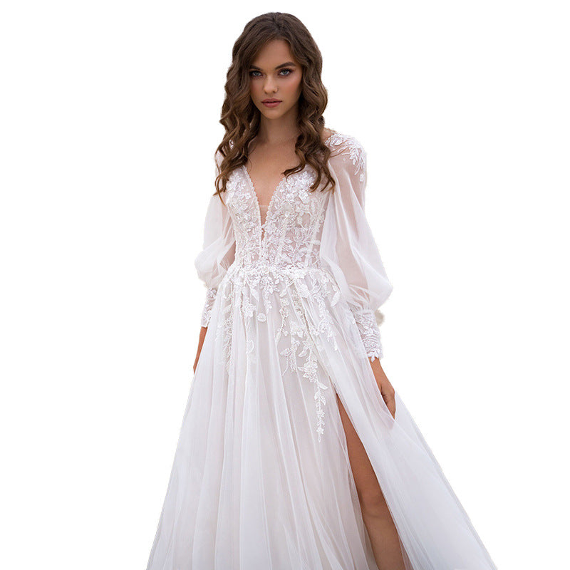 Mesh Deep V-neck High Slit Applique Dress