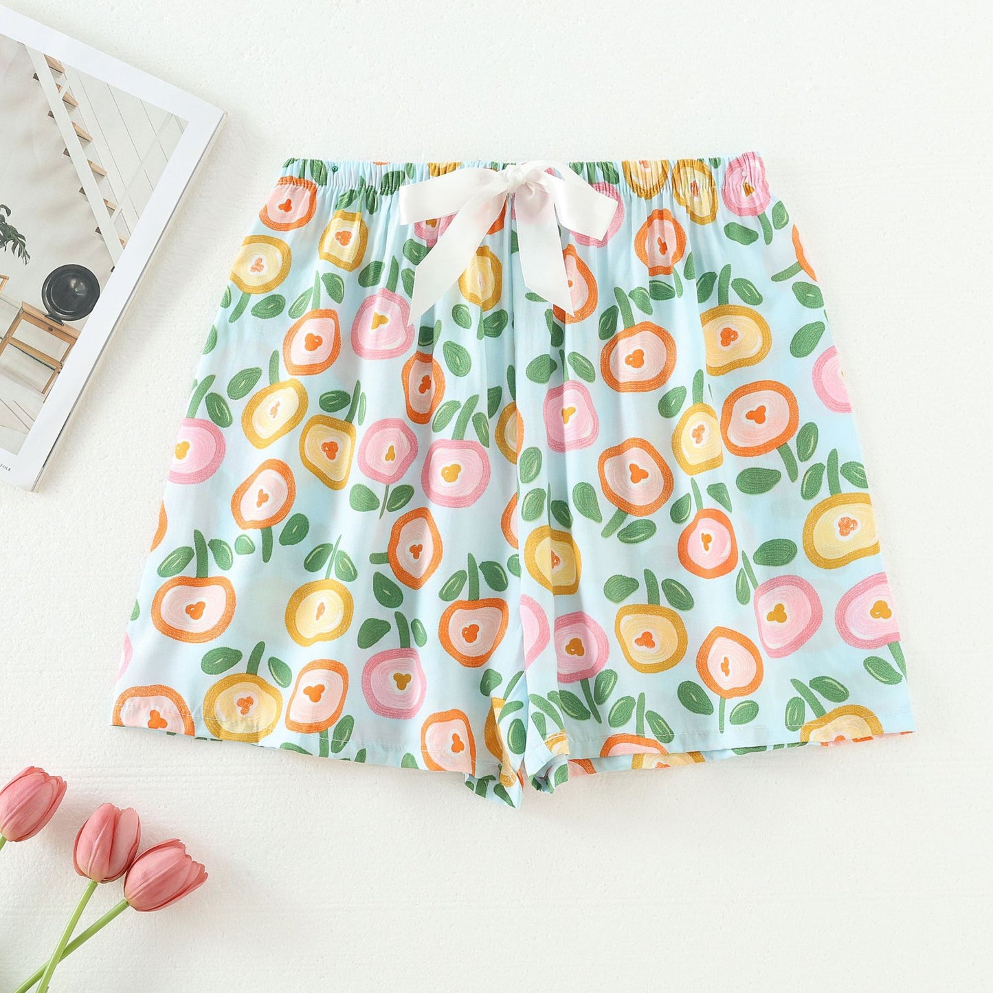 Shorts Thin Japanese Floral Draping Elastic Waist Pajama Pants