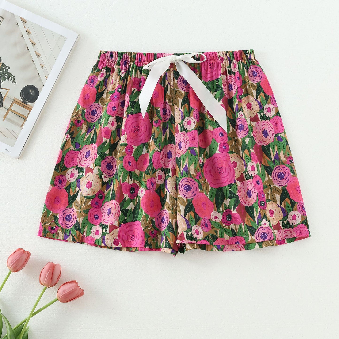 Shorts Thin Japanese Floral Draping Elastic Waist Pajama Pants