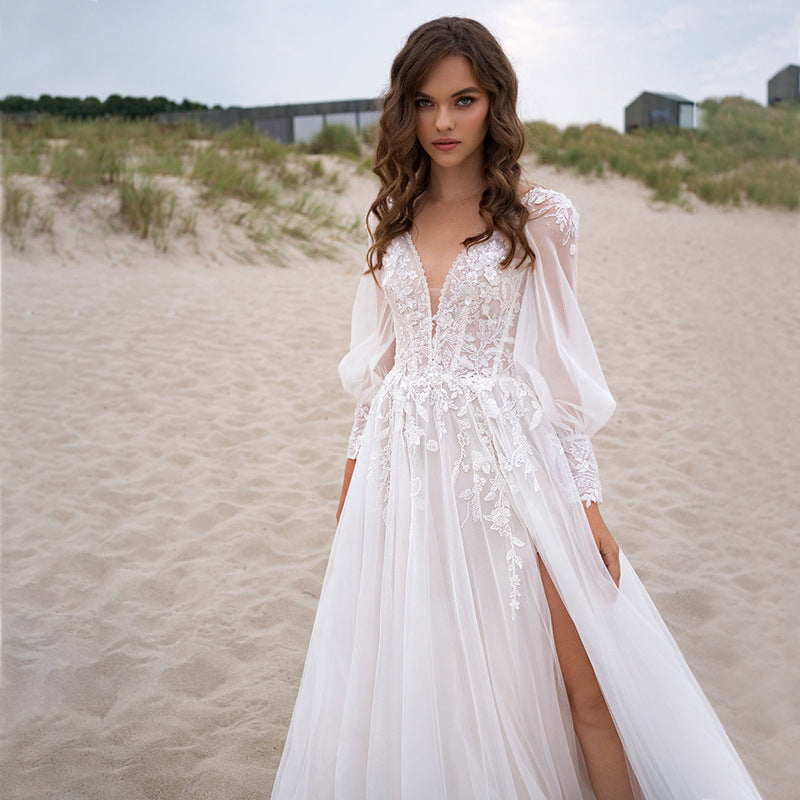 Mesh Deep V-neck High Slit Applique Dress