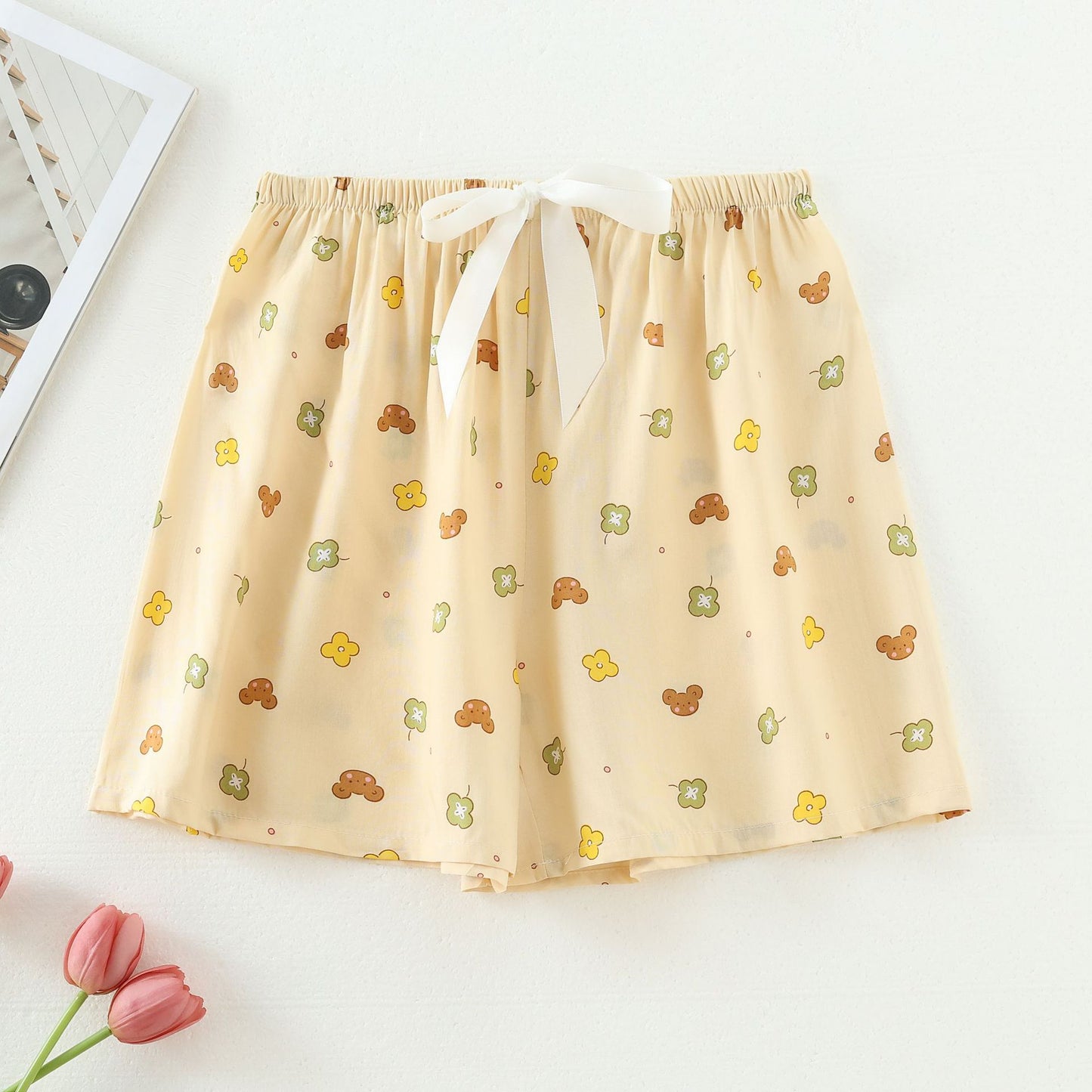 Shorts Thin Japanese Floral Draping Elastic Waist Pajama Pants