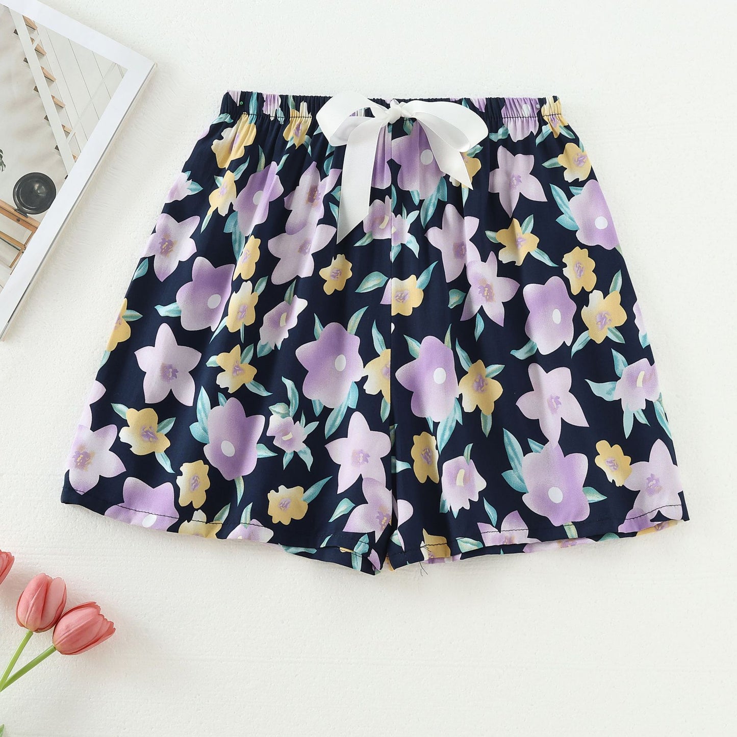 Shorts Thin Japanese Floral Draping Elastic Waist Pajama Pants