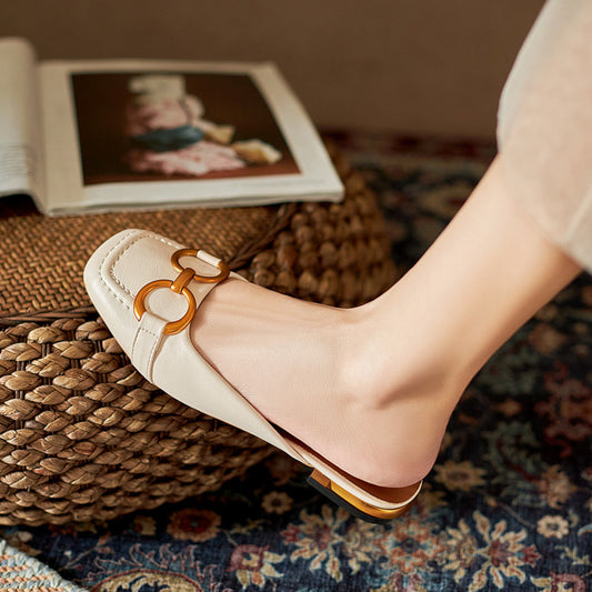 Summer Wear Fashionable Square Toe Korean Style Elegant Flat Heel Ins Slip-on Slippers