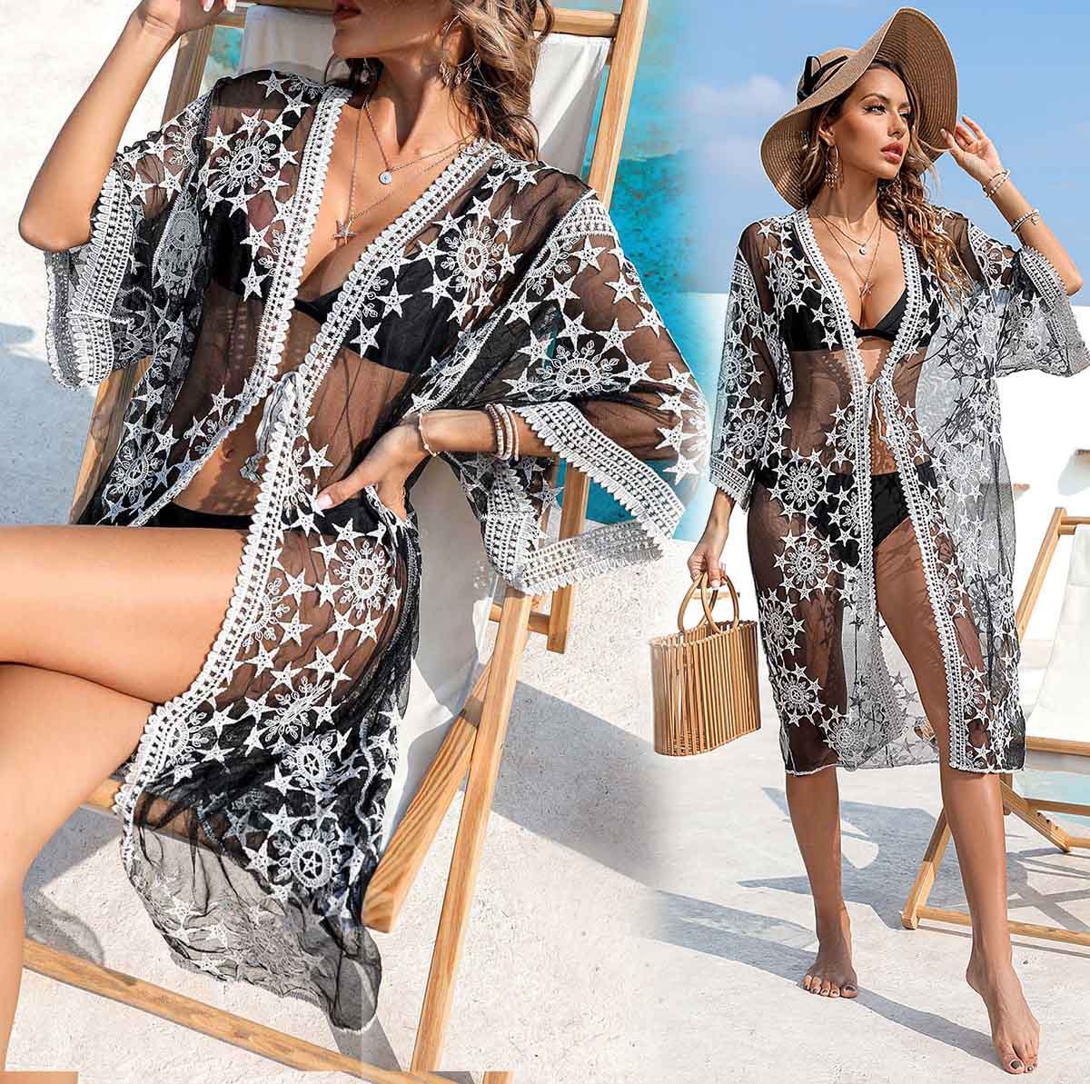 Black And White Color Embroidered XINGX Bikini Swimsuit Outwear Cardigan